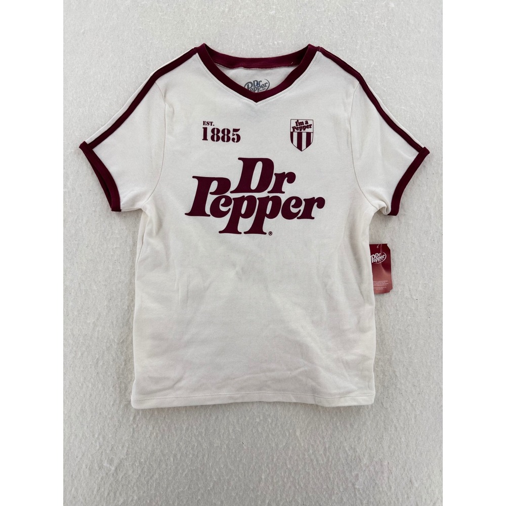 Dr Pepper - Ringer T-Shirt Graphic Athletic Stripe - Cream/Maroon - M - Mens